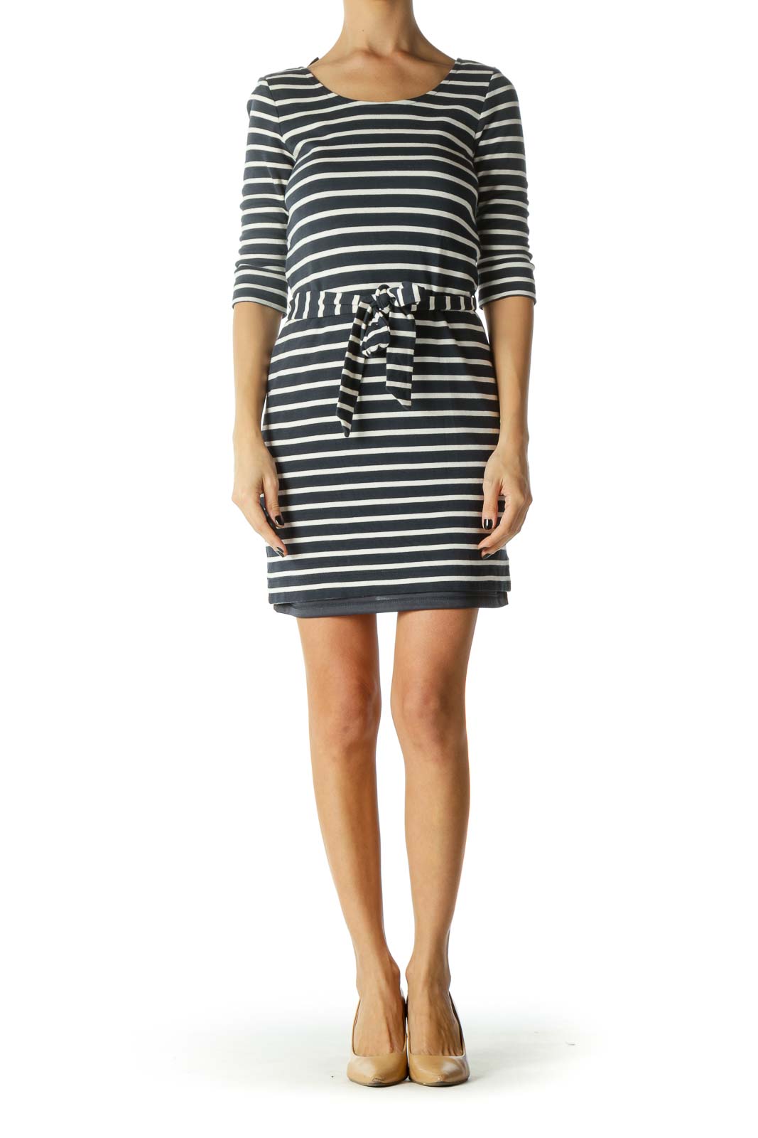 Navy & White Zippered Waist-Tie Stretch Dress