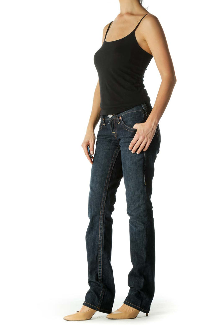 Blue Dark-Wash Pocketed Straight Leg Denim Jeans