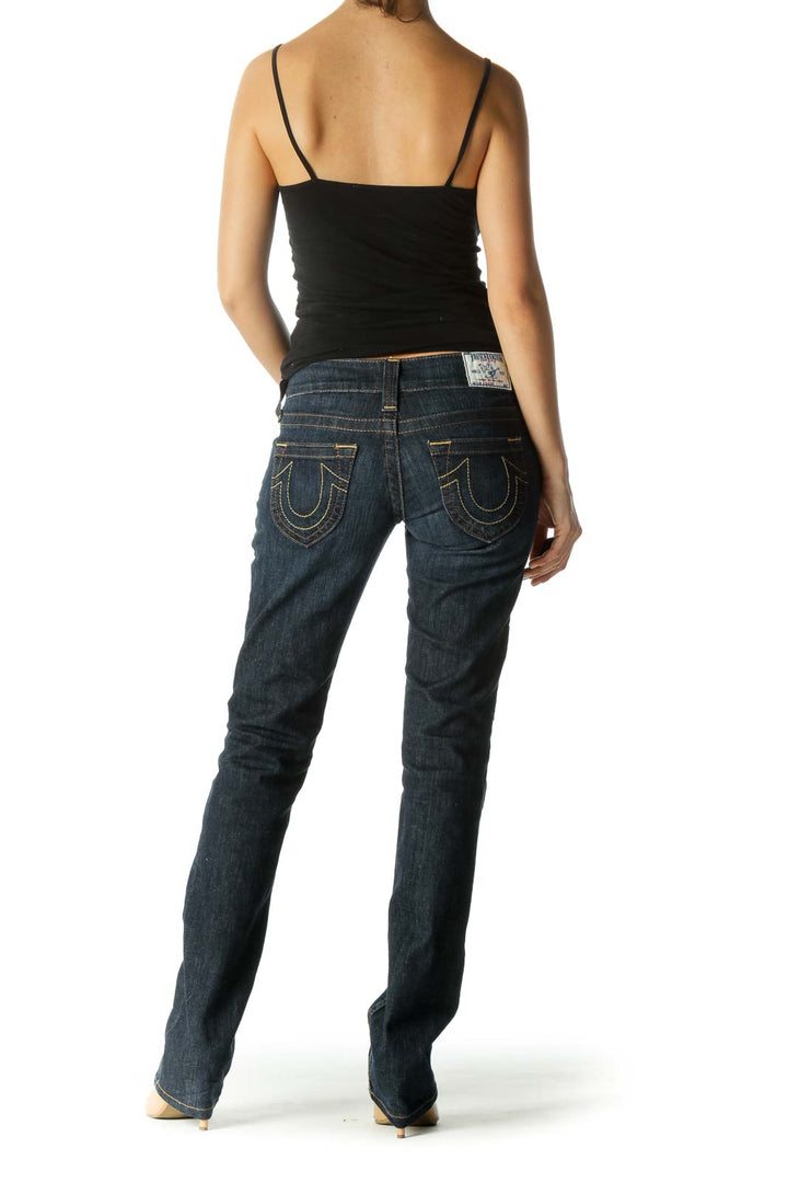 Blue Dark-Wash Pocketed Straight Leg Denim Jeans