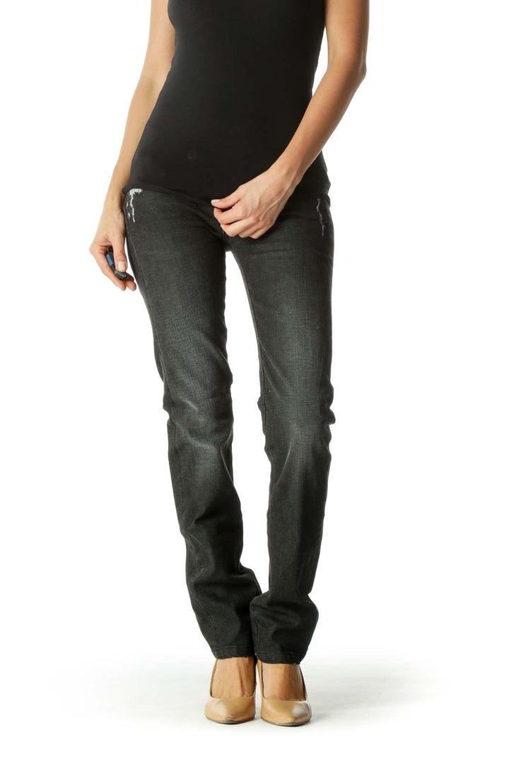 Gray Black Contrasting Applique Detail Distressed Denim Pants