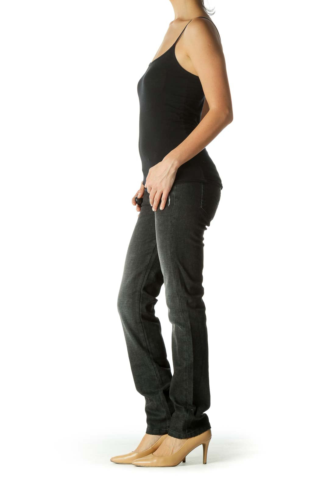 Gray Black Contrasting Applique Detail Distressed Denim Pants