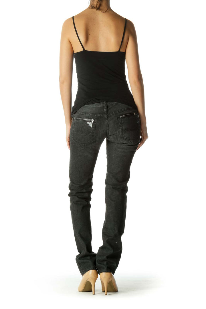 Gray Black Contrasting Applique Detail Distressed Denim Pants