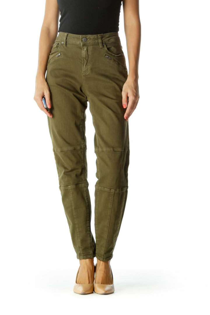 Olive Green Zipper-Details Stretch Tapered Pants