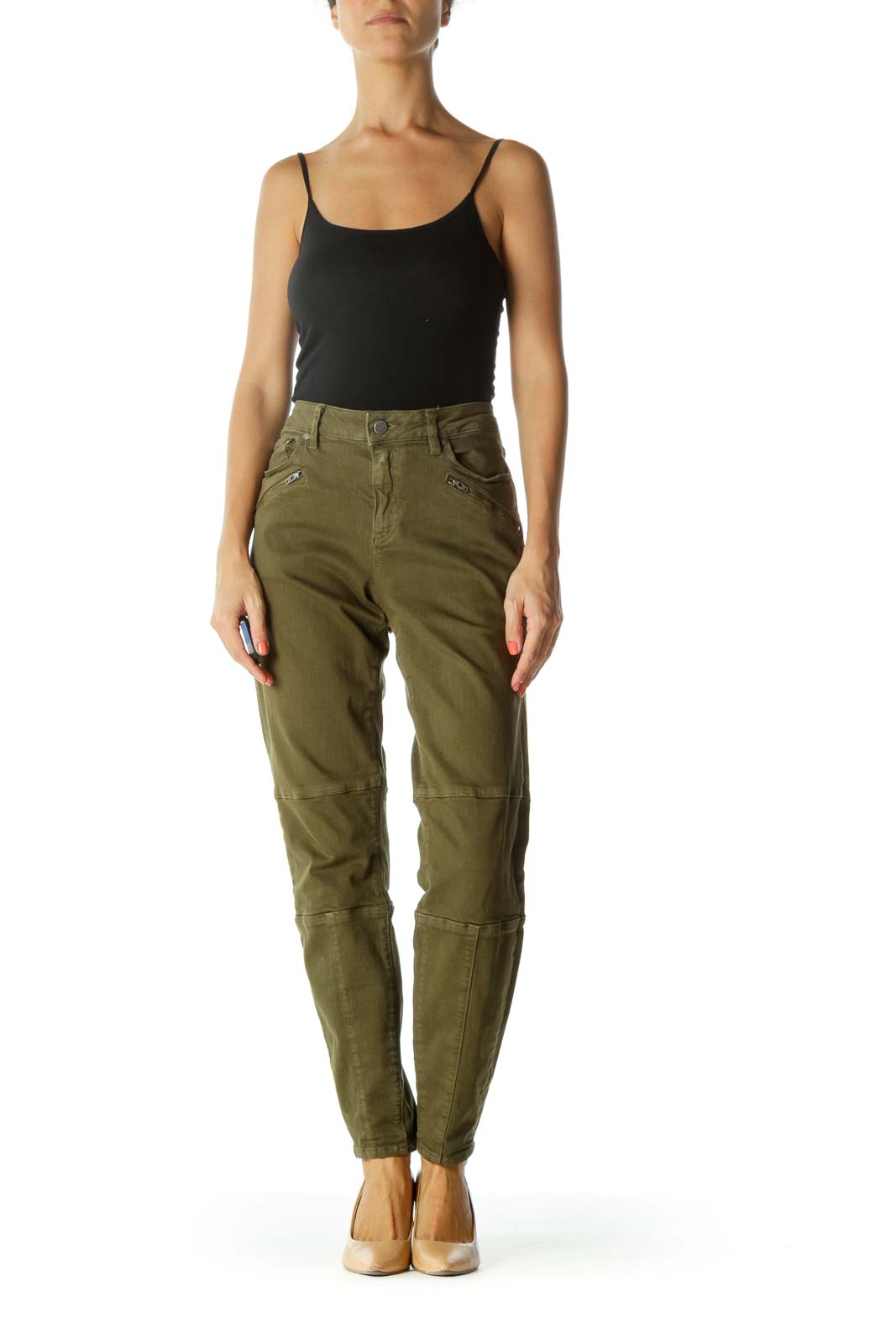 Olive Green Zipper-Details Stretch Tapered Pants