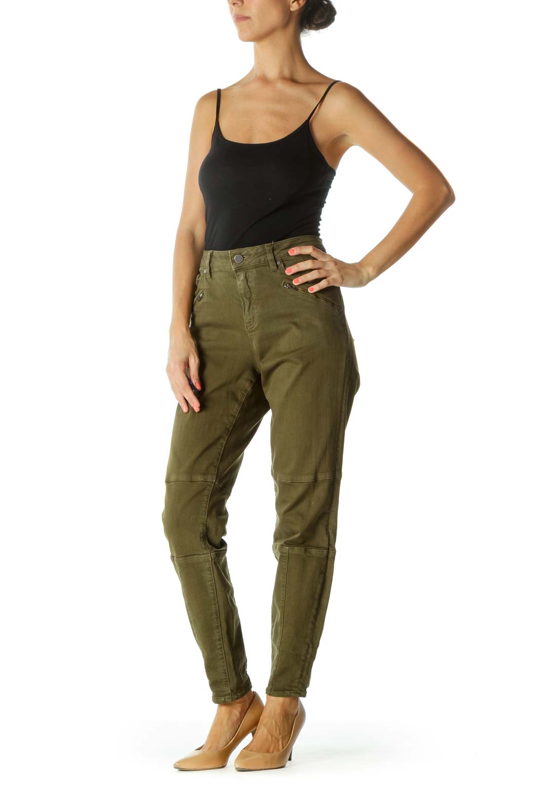 Olive Green Zipper-Details Stretch Tapered Pants