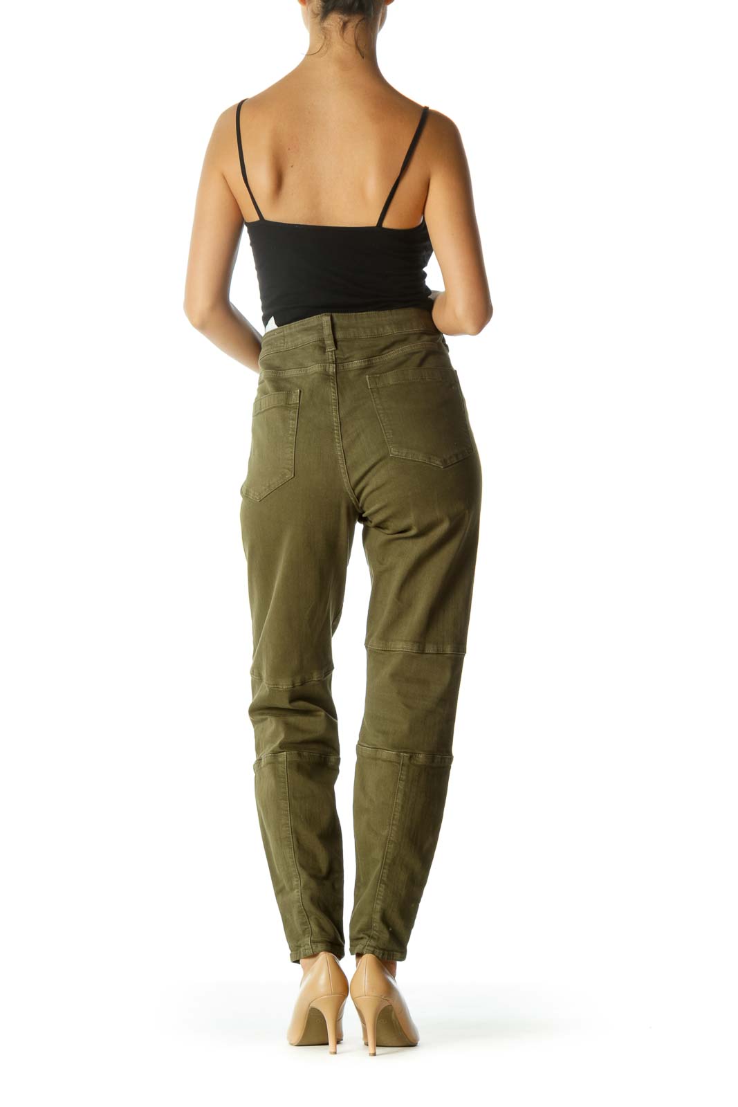 Olive Green Zipper-Details Stretch Tapered Pants