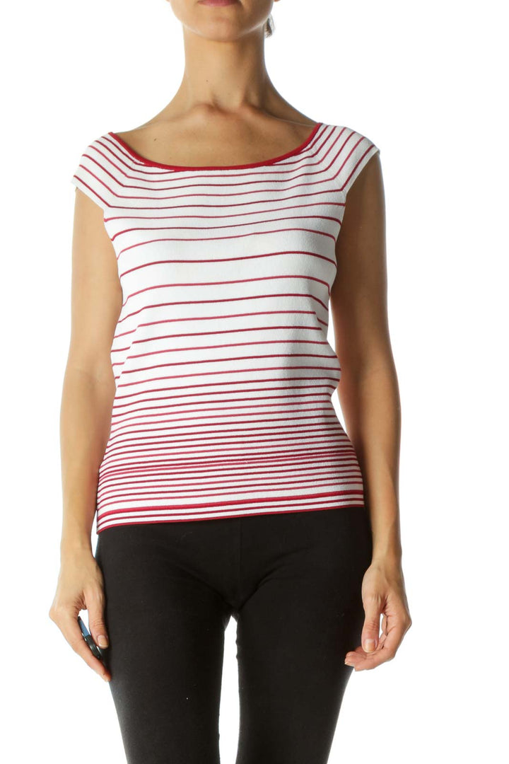 Red White Knitted Off-Shoulder Striped Stretch Top