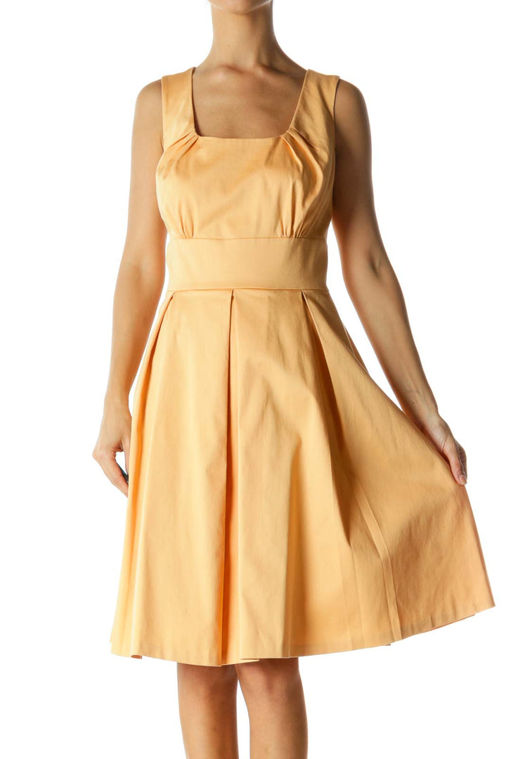 Light Orange Round Neck Scrunched Cinched Waist Dress