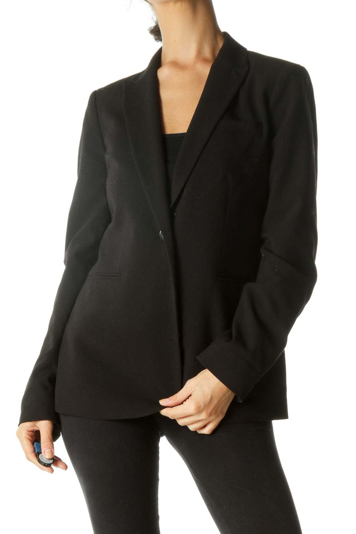 Black V-Neck Padded Shoulders Faux-Pockets Blazer