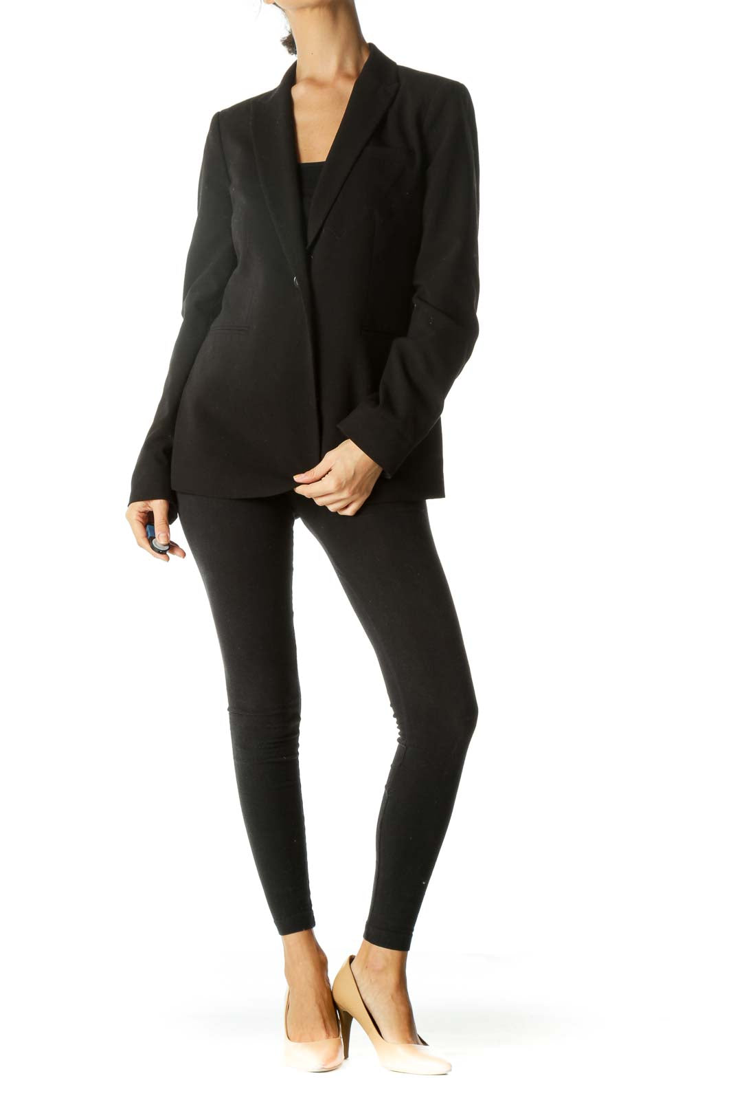 Black V-Neck Padded Shoulders Faux-Pockets Blazer