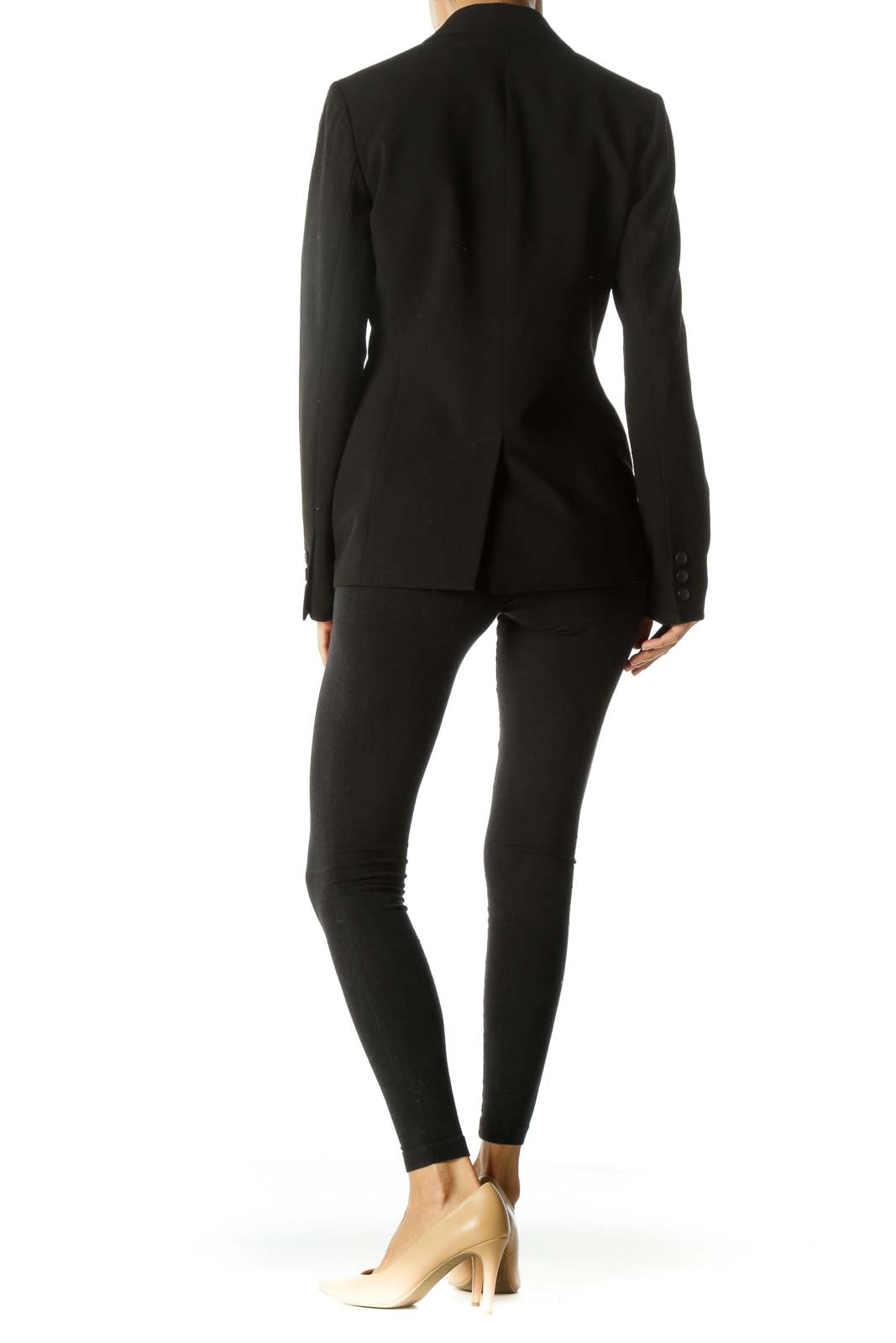 Black V-Neck Padded Shoulders Faux-Pockets Blazer