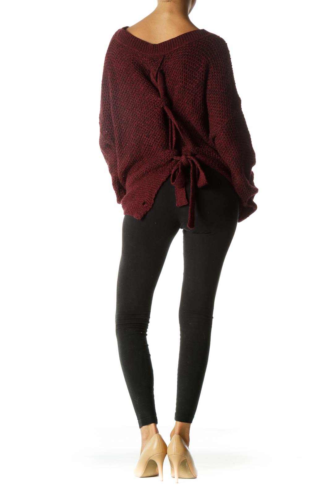 Burgundy Black Back-Bows Detail Oversize Sweater