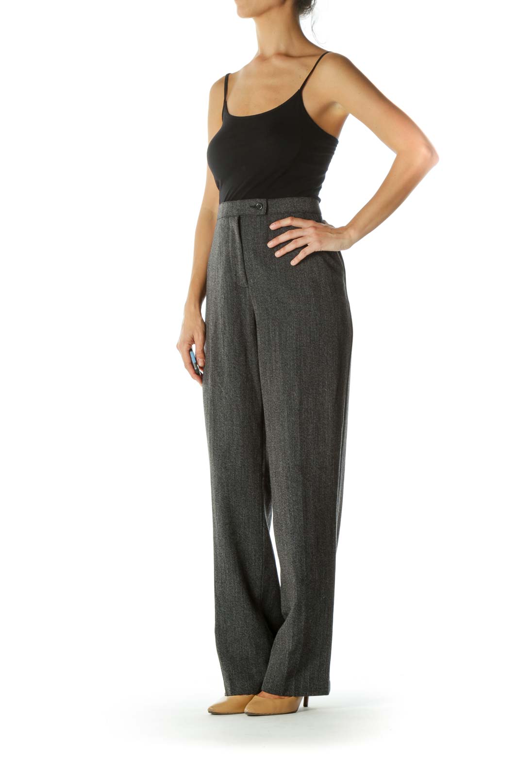 Black White Knit Pocketed High-Waist Single-Button Closure Stretch Pants