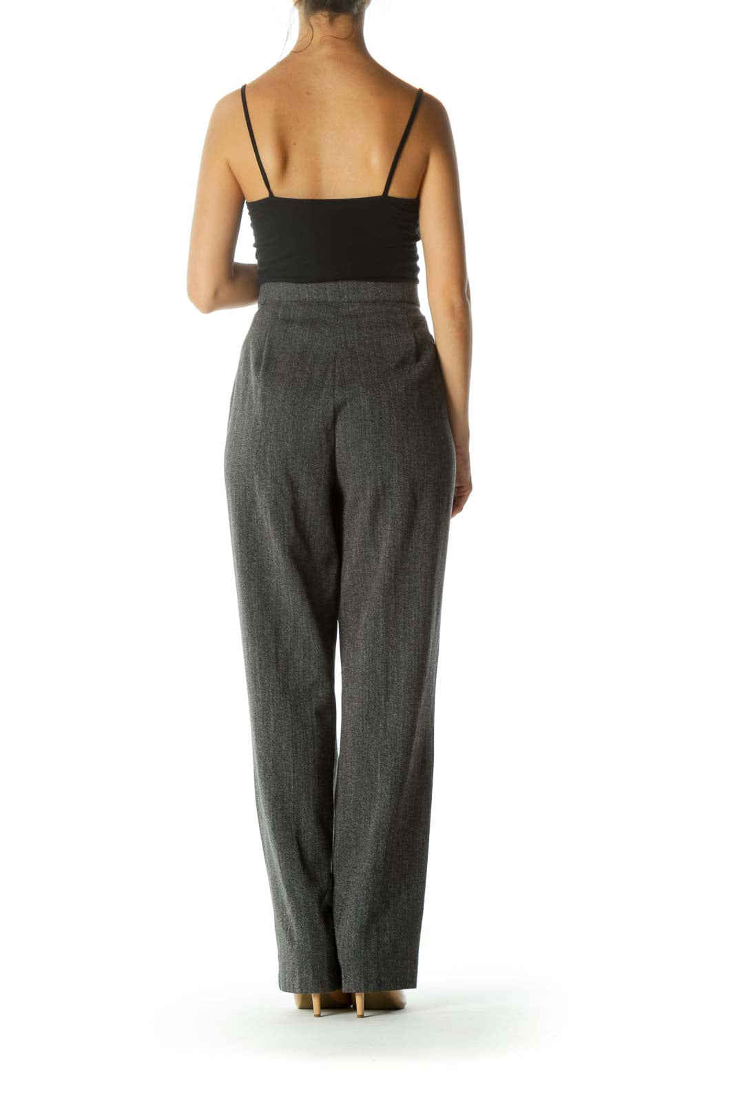 Black White Knit Pocketed High-Waist Single-Button Closure Stretch Pants