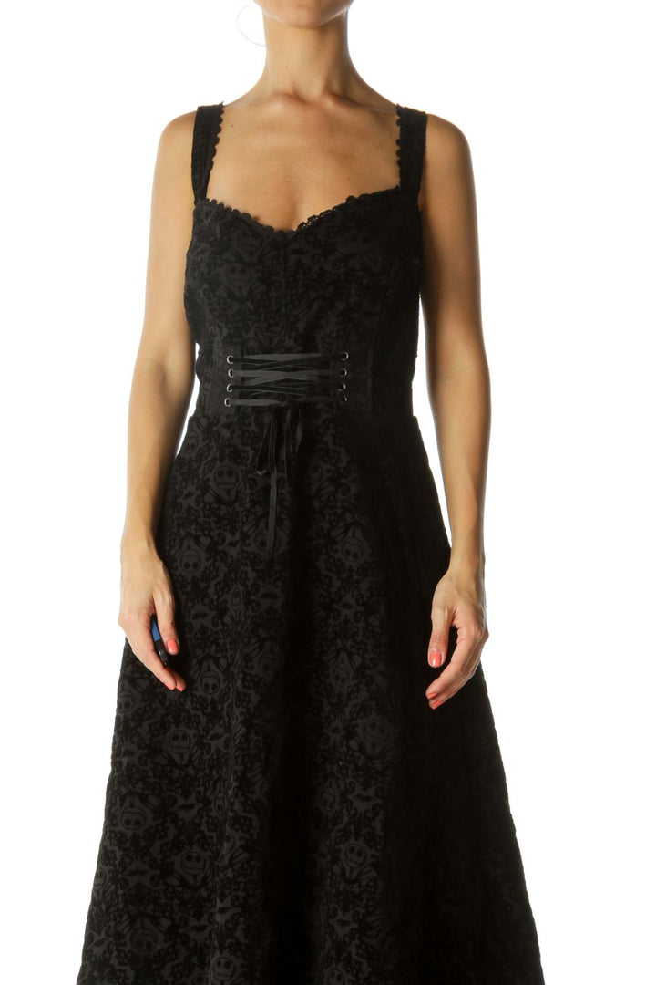 Black Movie Character Velvet Jacquard Front-Lace-Up Tulle Textured Stretch Dress