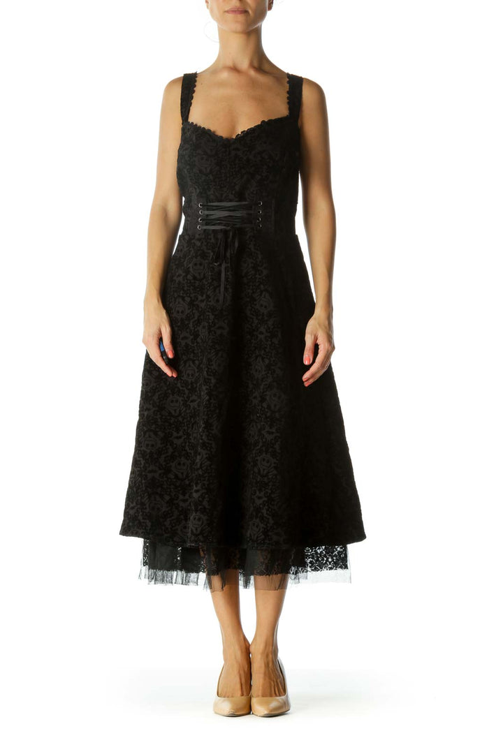 Black Movie Character Velvet Jacquard Front-Lace-Up Tulle Textured Stretch Dress