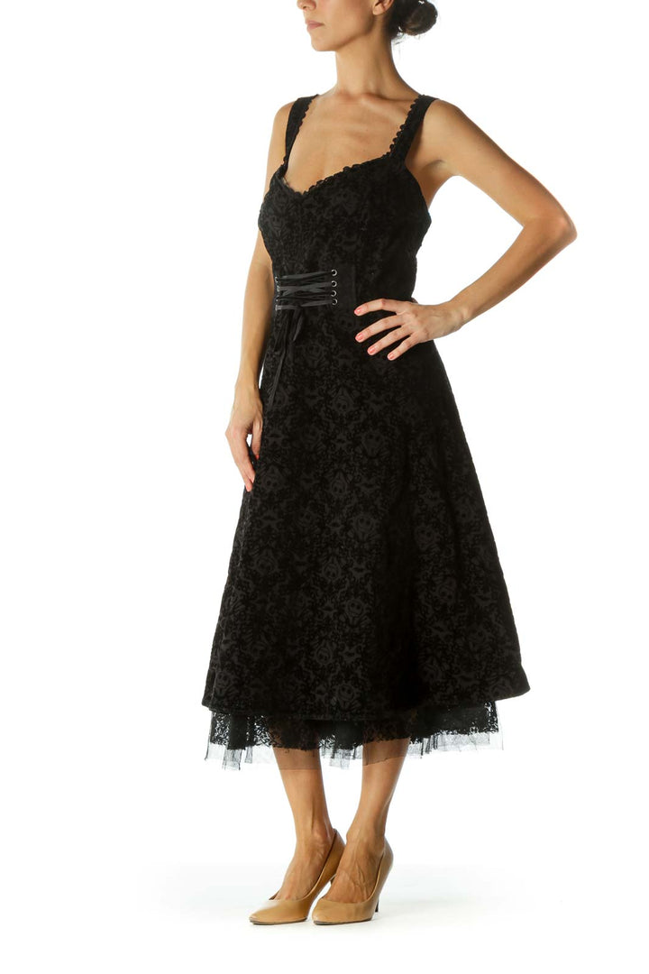 Black Movie Character Velvet Jacquard Front-Lace-Up Tulle Textured Stretch Dress