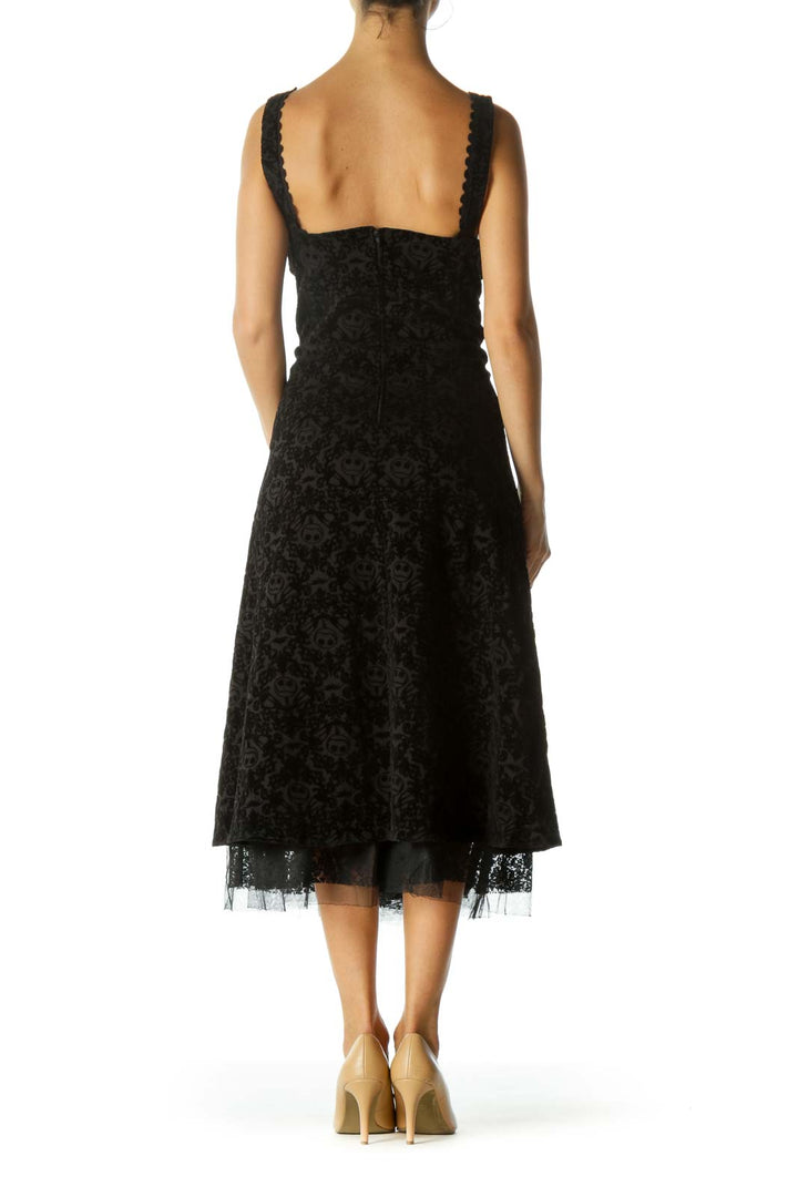 Black Movie Character Velvet Jacquard Front-Lace-Up Tulle Textured Stretch Dress