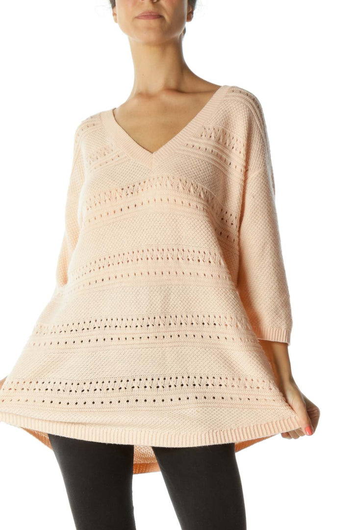 Light Peach V-Neck 3/4-Sleeve See-Through Knit Plus Size Sweater