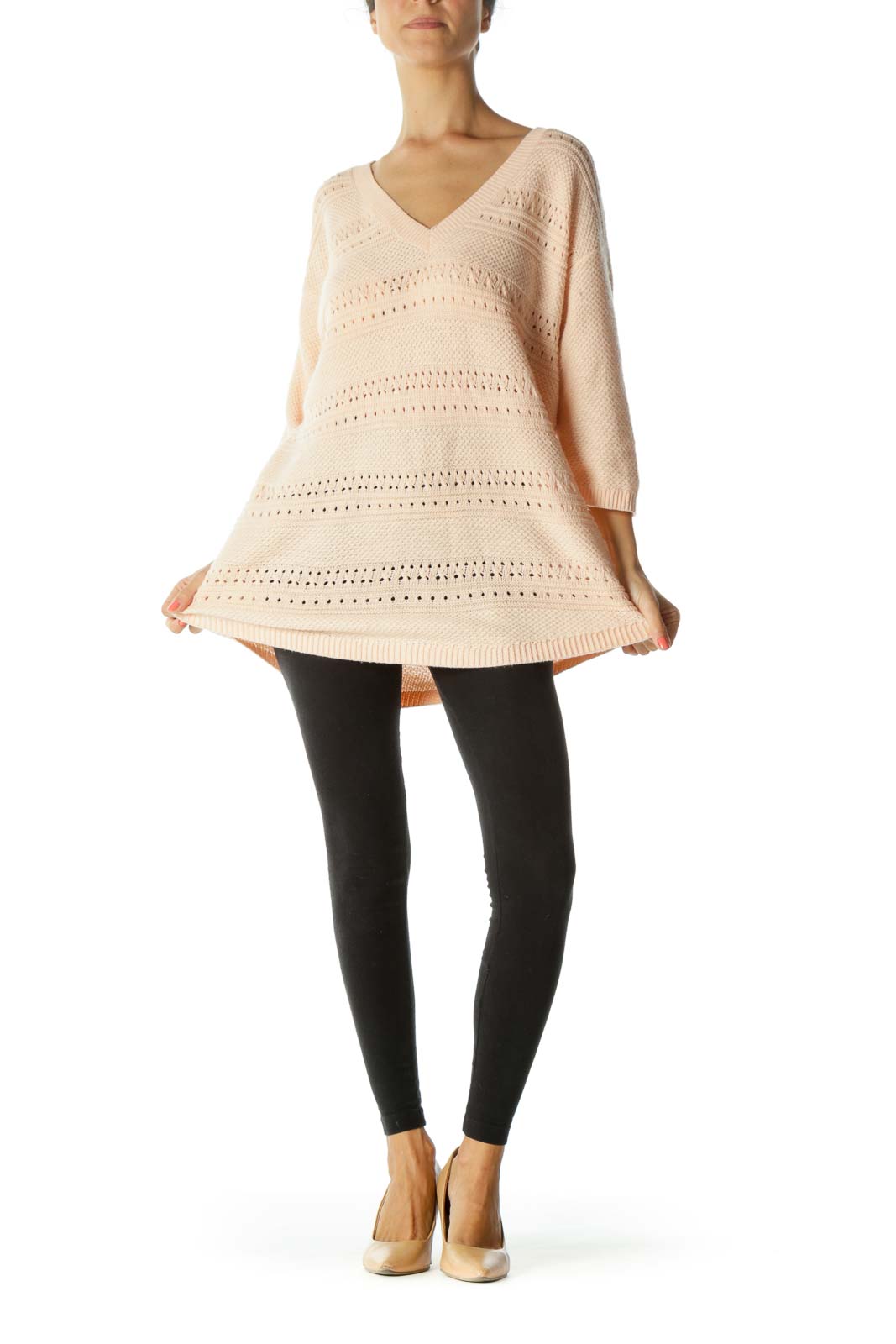 Light Peach V-Neck 3/4-Sleeve See-Through Knit Plus Size Sweater