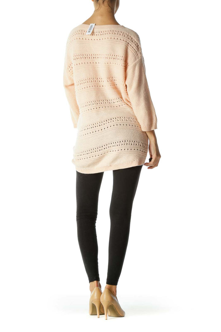 Light Peach V-Neck 3/4-Sleeve See-Through Knit Plus Size Sweater