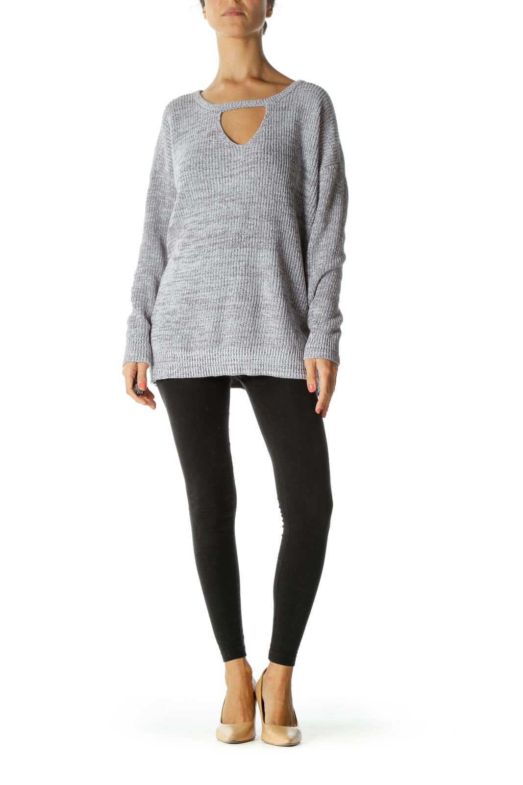 Gray White Keyhole Knit Plus Size Sweater