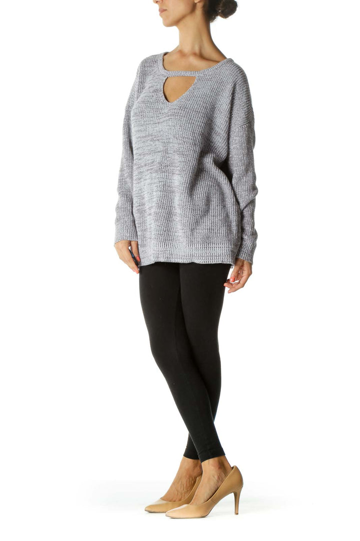 Gray White Keyhole Knit Plus Size Sweater