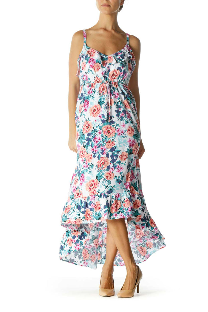 White Orange Blue Pink Floral-Print Ruffled Stretch High-Low Plus Size Dress