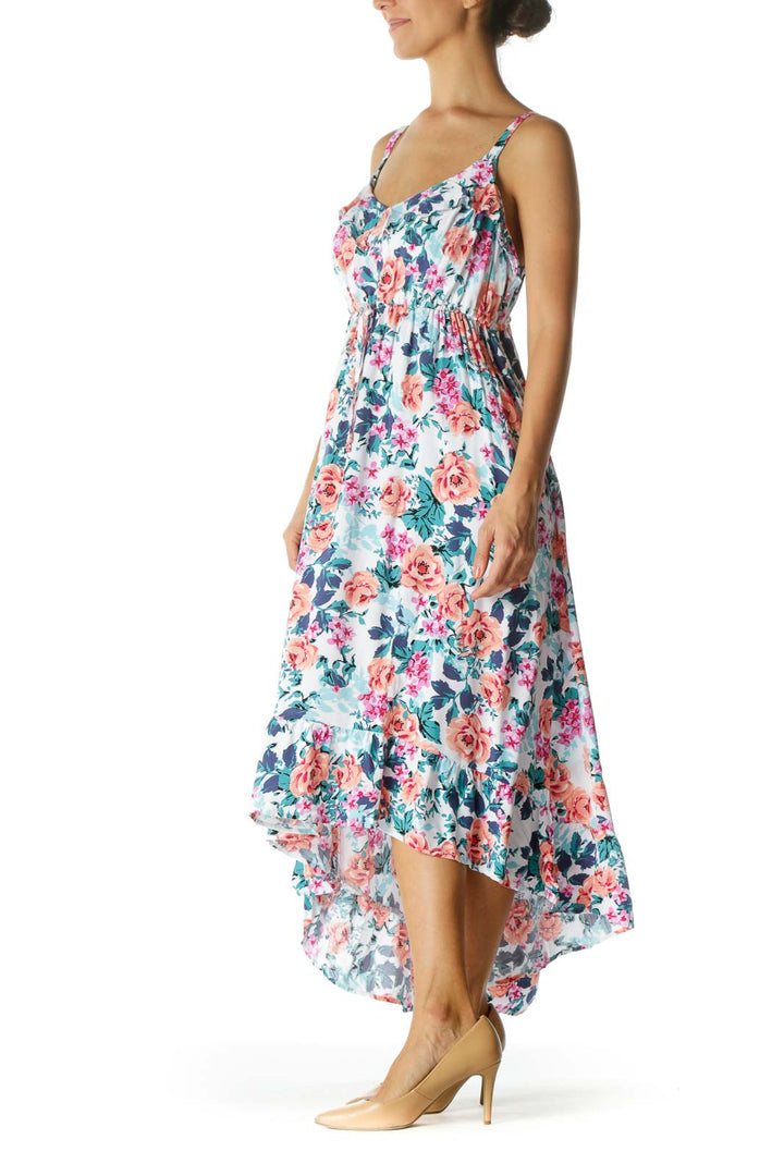 White Orange Blue Pink Floral-Print Ruffled Stretch High-Low Plus Size Dress