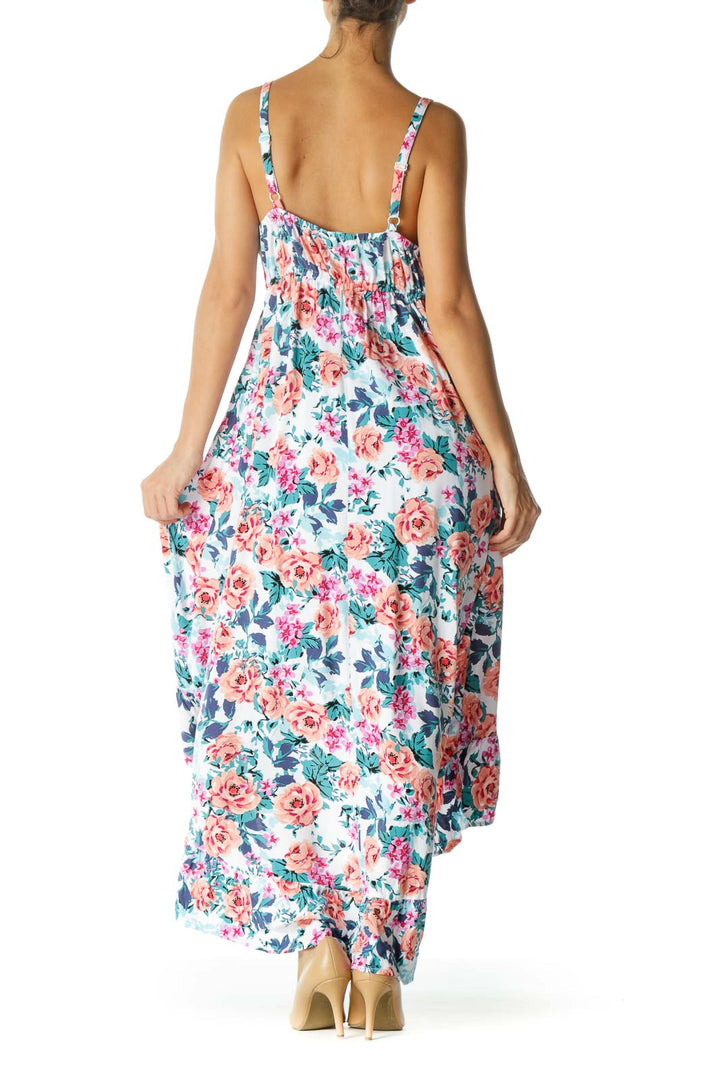 White Orange Blue Pink Floral-Print Ruffled Stretch High-Low Plus Size Dress