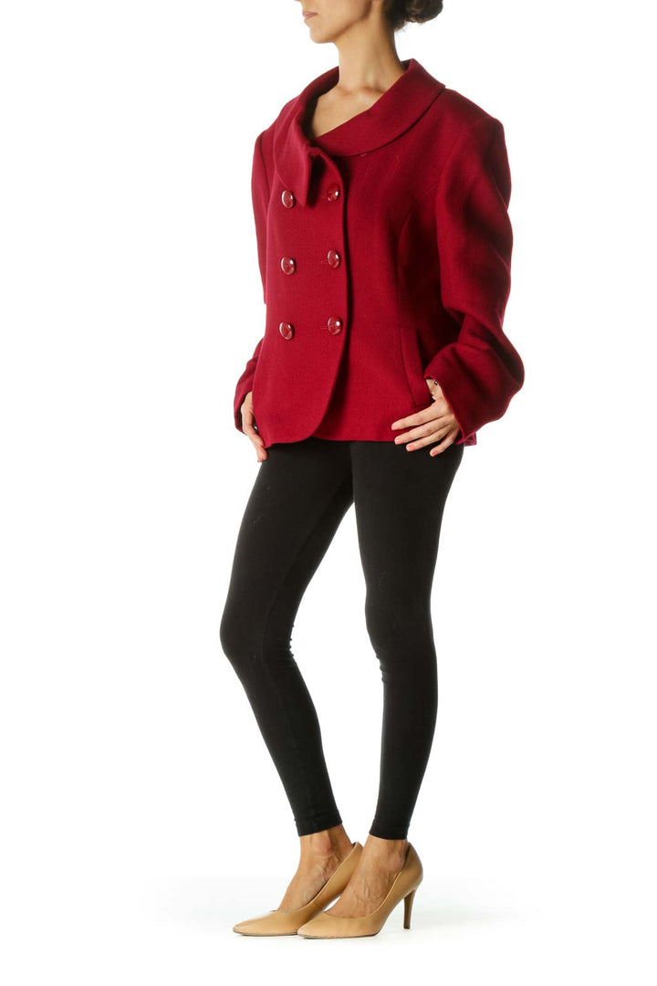 Dark Red Wool Blend Round-Collar Design Padded Shoulders Blazer