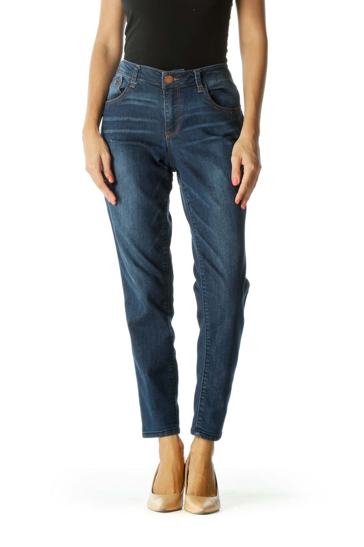 Blue Medium-Wash Distressed-Details Stretch Jeans