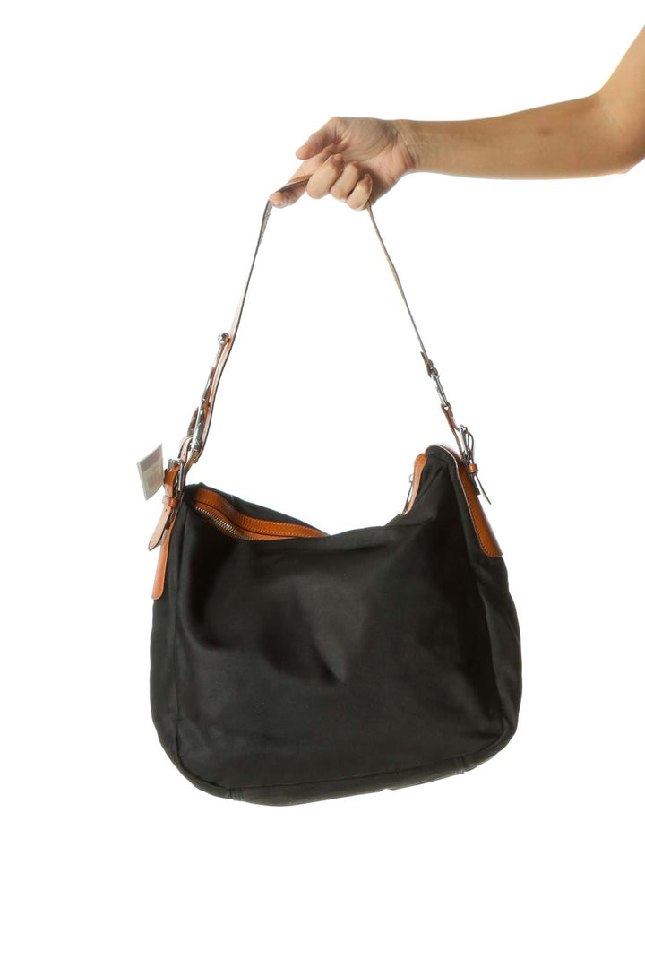 Black Nylon Shoulder Bag with Leather Straps