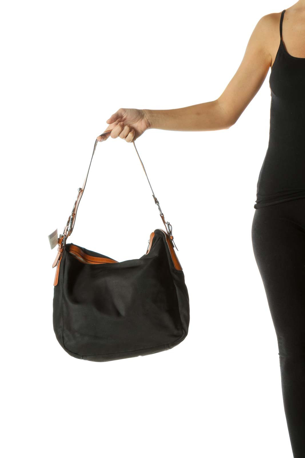 Black Nylon Shoulder Bag with Leather Straps