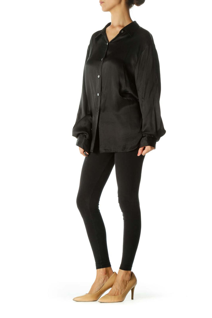 Black 100% Silk Buttoned Loose Soft-Touch Shirt