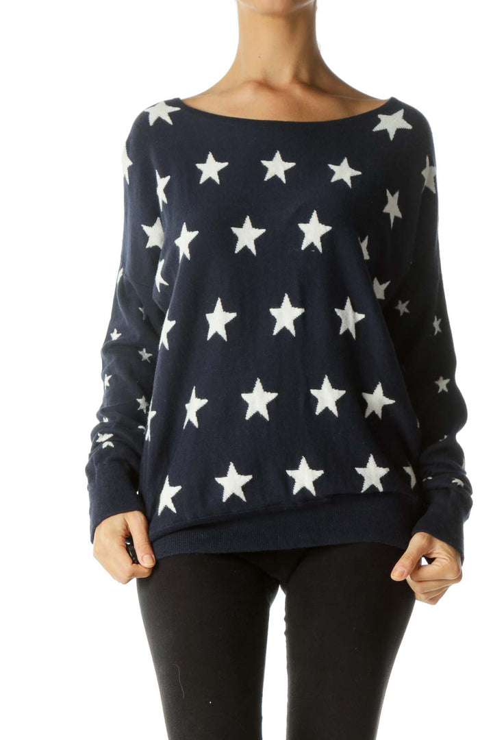 Blue White Star-Print Cotton Silk Blend Sweater