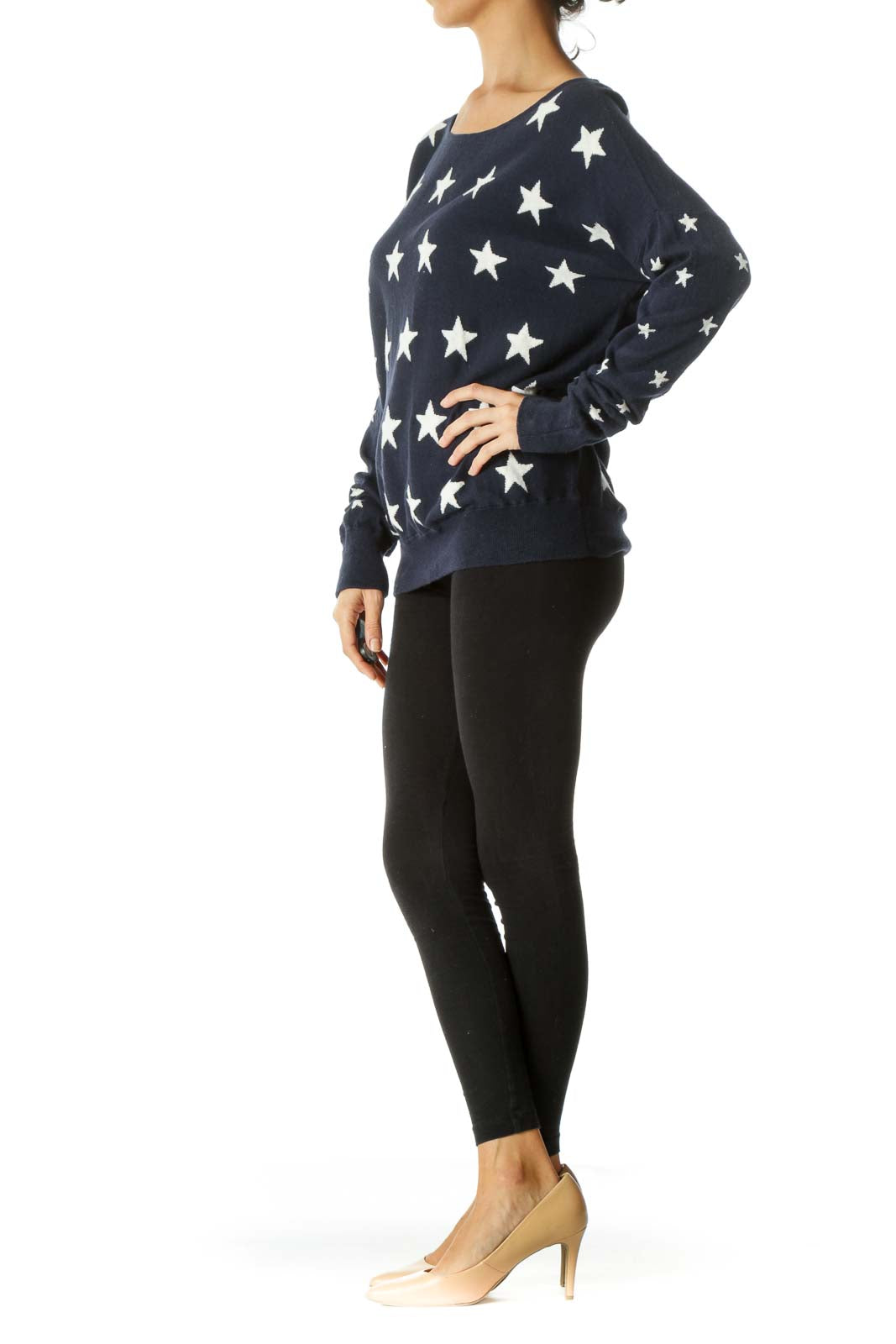 Blue White Star-Print Cotton Silk Blend Sweater