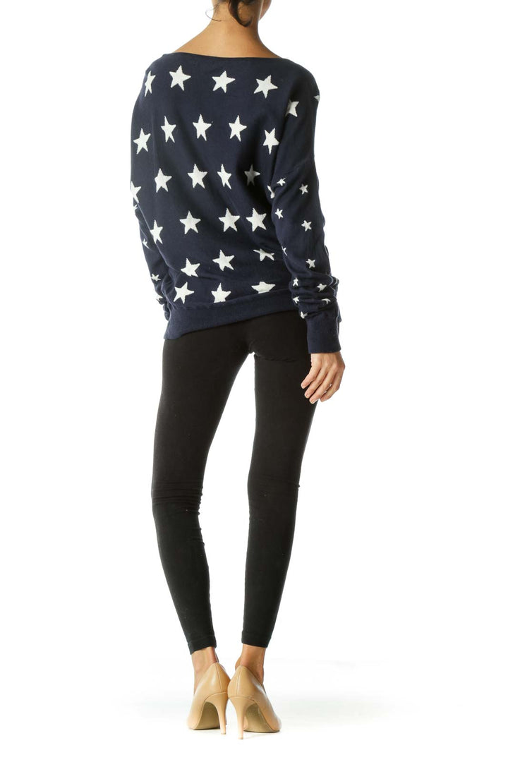 Blue White Star-Print Cotton Silk Blend Sweater