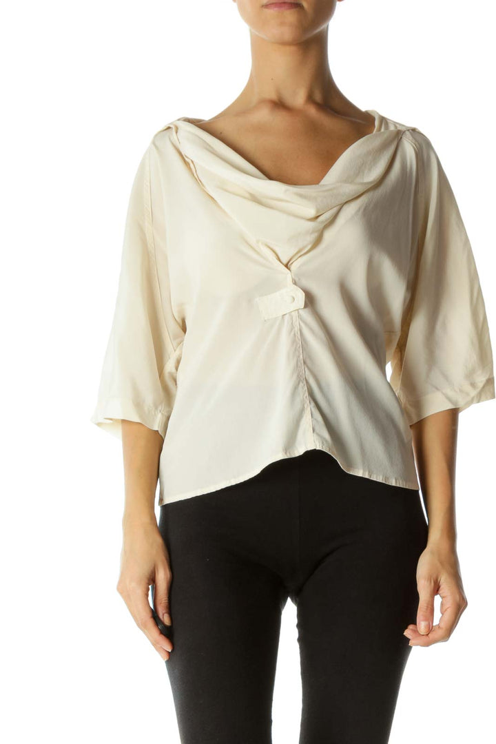 Cream Silk Blend Cowl Neck Fabric-Button 3/4 Sleeve Top