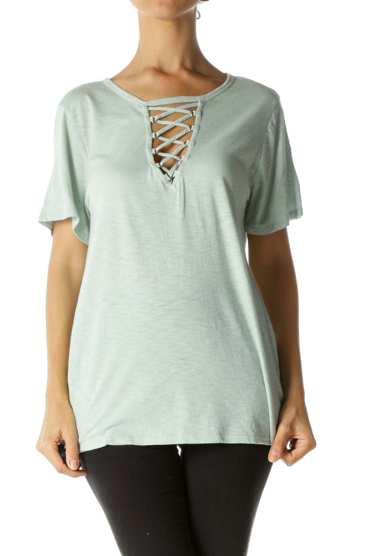 Light Mint Green Cotton Blend Crisscross Stretch T-Shirt