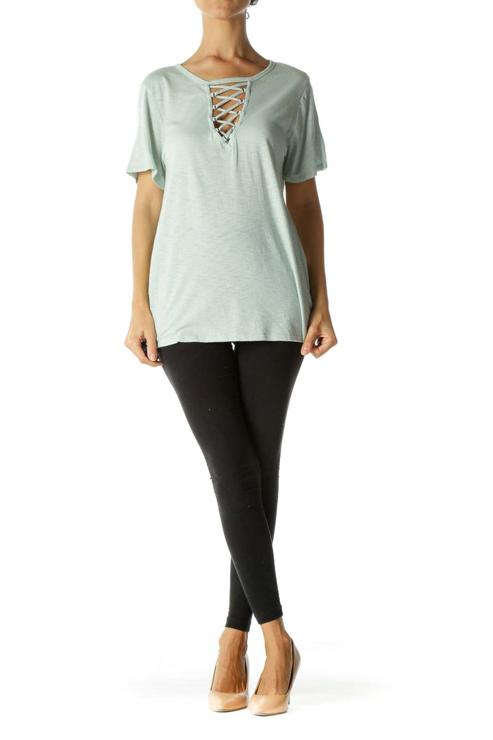 Light Mint Green Cotton Blend Crisscross Stretch T-Shirt