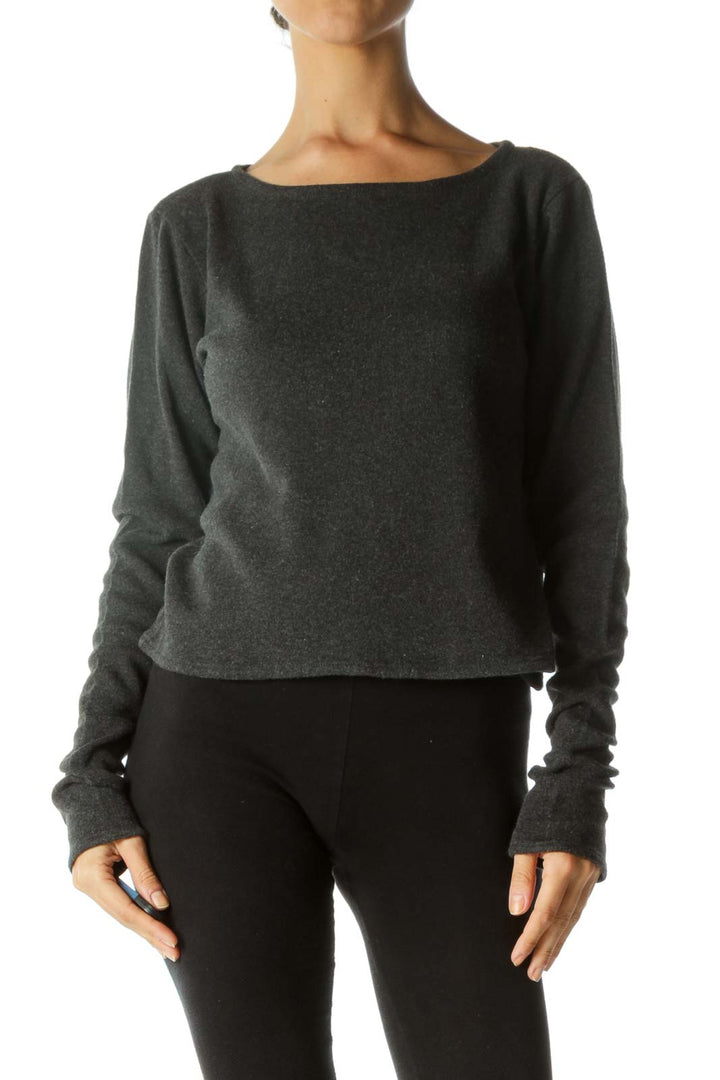 Gray Boat-Neck Long Sleeve Stretch Top