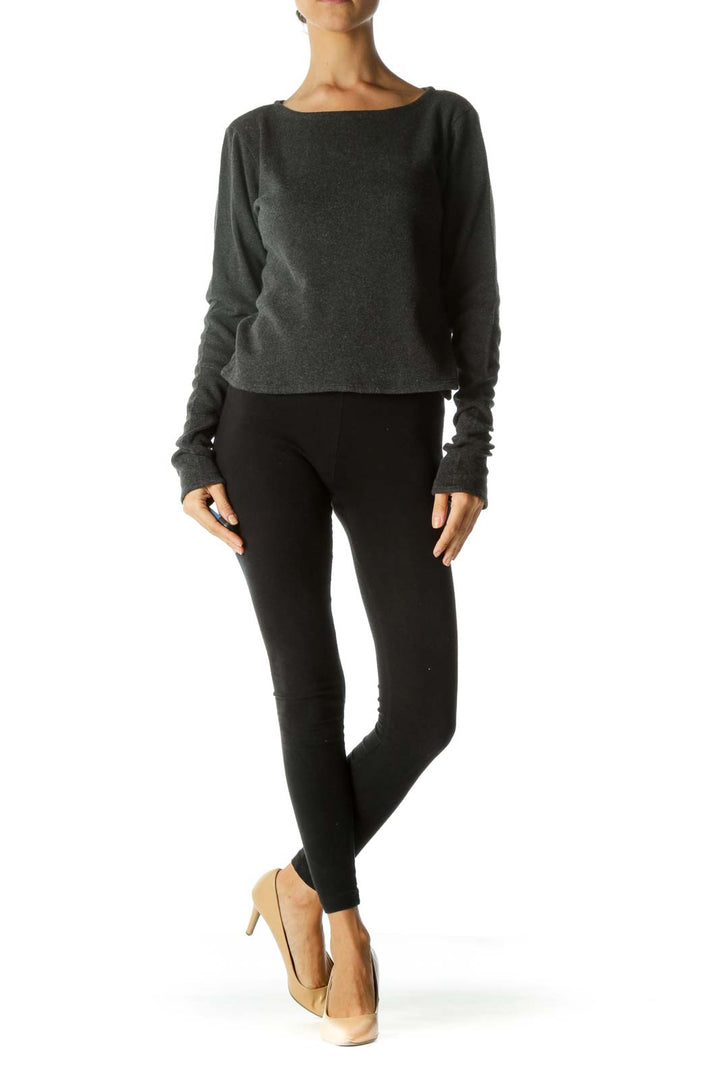 Gray Boat-Neck Long Sleeve Stretch Top