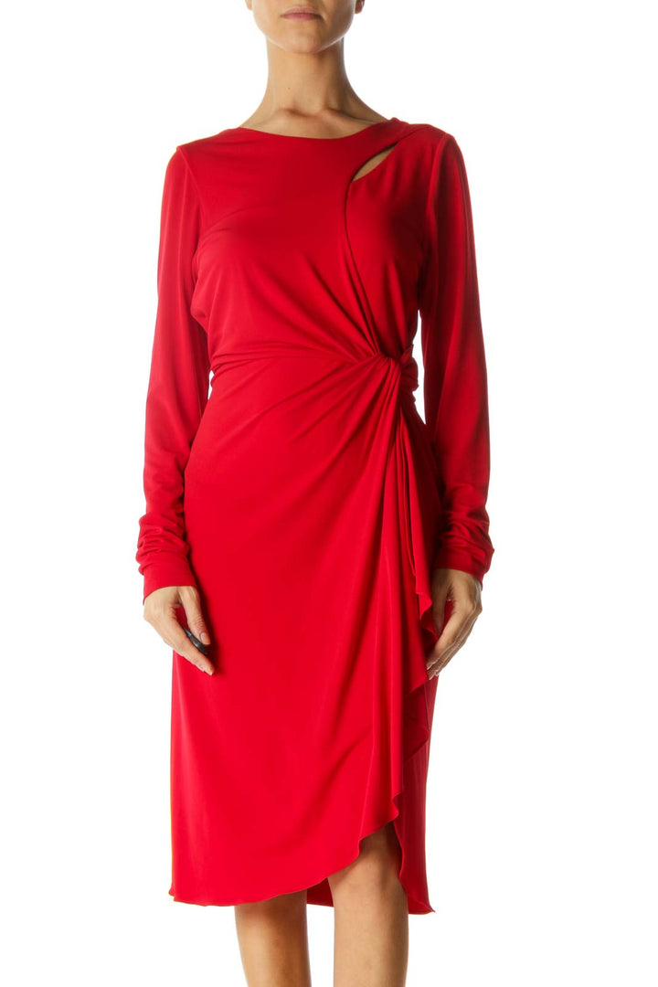 Red Round Neck Cut-Out Upper and Knot Detail Dress