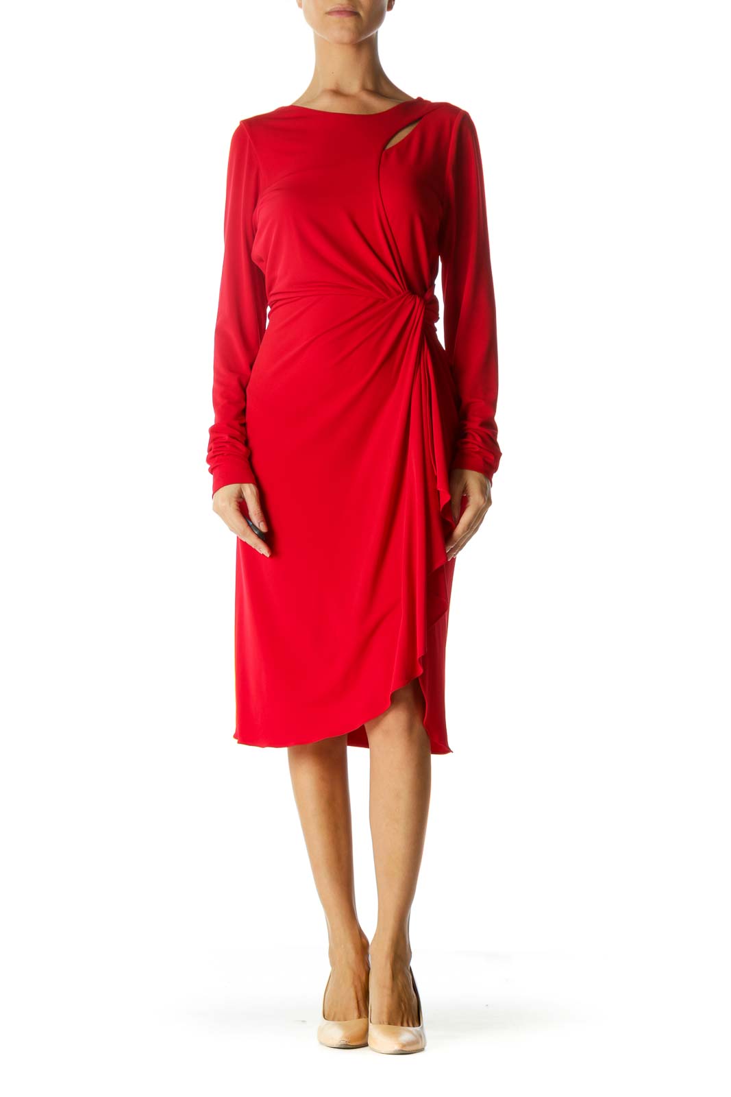 Red Round Neck Cut-Out Upper and Knot Detail Dress