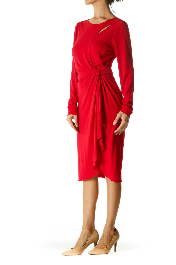 Red Round Neck Cut-Out Upper and Knot Detail Dress