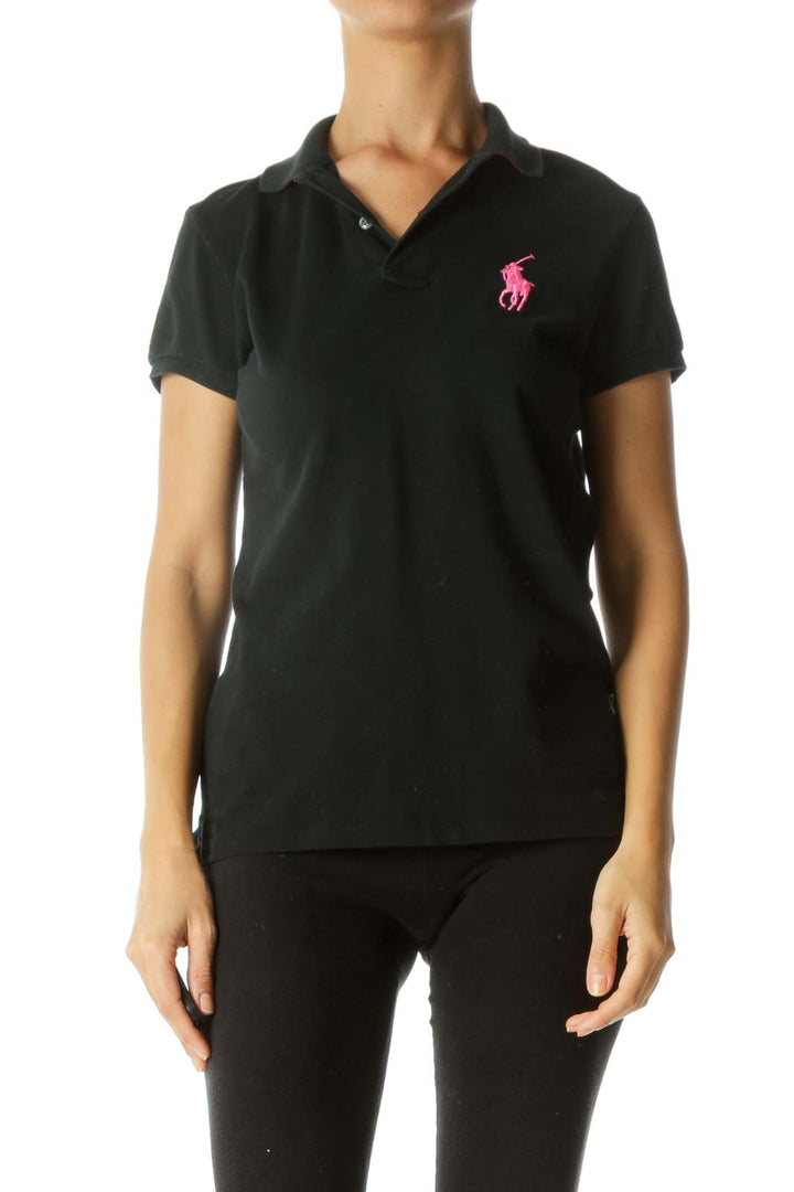 Black Neon Pink 100% Cotton Embroidered Logo Stretch Polo Shirt