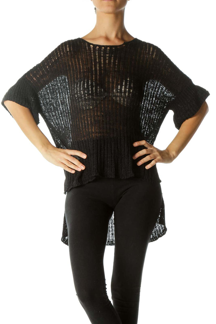 Black Knitted-Stretch Fabric Short Sleeve See-Through Top