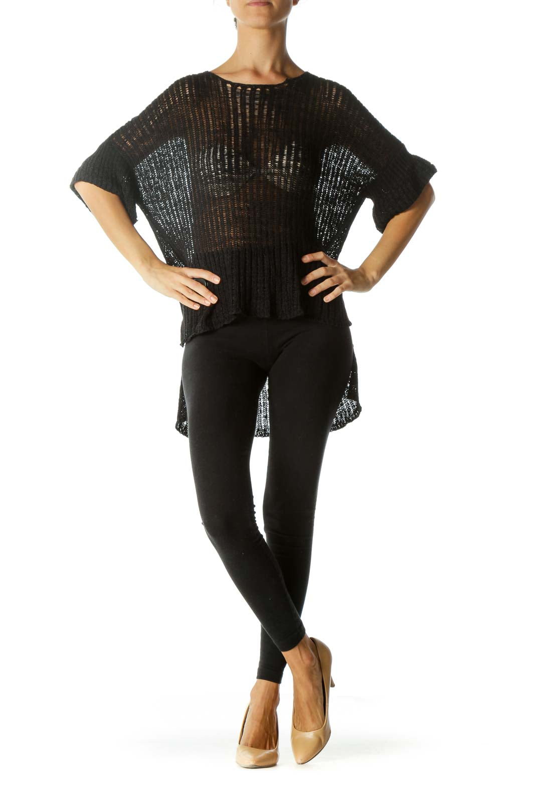 Black Knitted-Stretch Fabric Short Sleeve See-Through Top