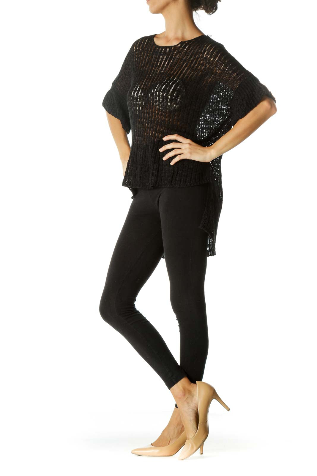 Black Knitted-Stretch Fabric Short Sleeve See-Through Top